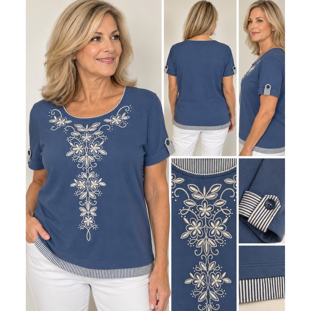 Alfred Dunner Women's L Blue Floral Embroidered Top Striped Trim Short Sleeve